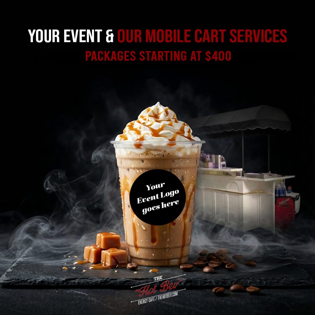 Hot Bev caramel iced coffee with a placeholder circle reading Your Event Logo Goes Here