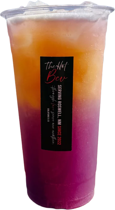 Twilight Haze — desert pear, blue curacao, topped with oj — at The Hot Bev in Roswell, NM